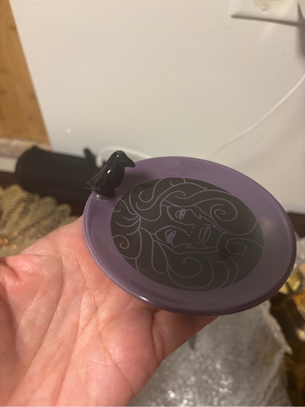 Disney Purple Ceramic Bird Trinket Dish with Black Face Motif